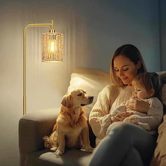 66" Gold Floor Lamp for Living Room, Boho Floor Lamp with Remote Control and LED Bulb, Rattan Shade, Industrial Tall Farmhouse Standing Lamp for Bedroom, Dining Room, Study Room, Office