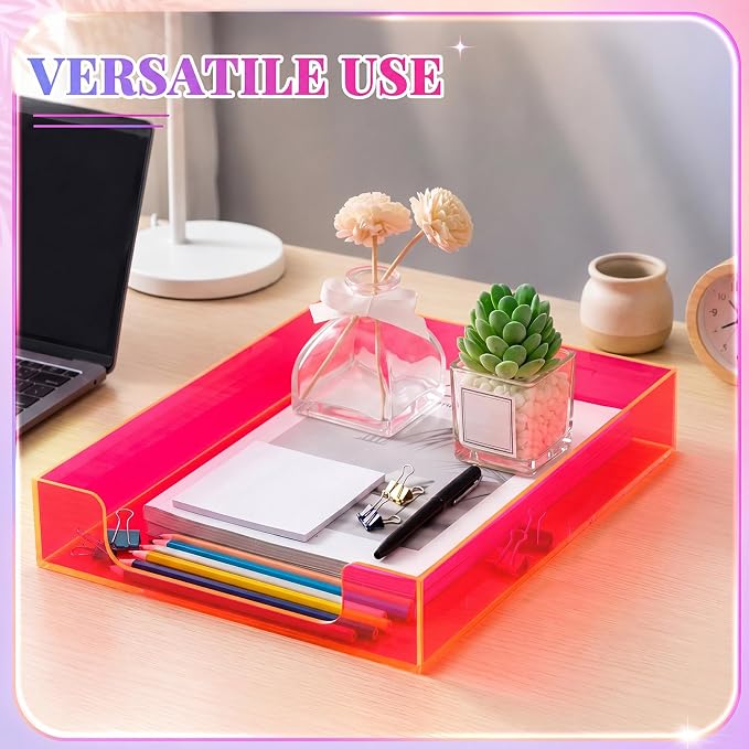 Neon Pink Acrylic Letter Tray 2 Pcs 12.6 x 10.2 x 2.1'' Paper Tray Organizer Stackable Desk Supplies with Non Slip Rubber for Office Accessories Desk File Document Folder