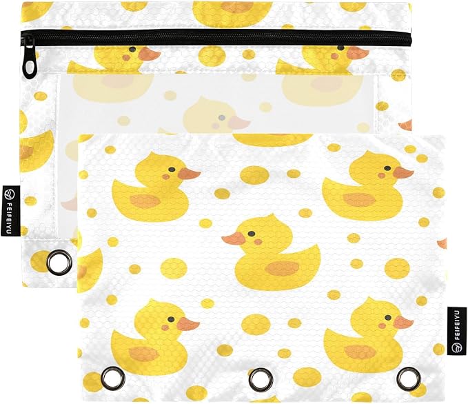Cute Yellow Ducks Pencil Pouch for 3 Ring Binder, 2 Pack Waterproof Pencil Bags Clear Window Pencil Case Zipper School Office Supplies