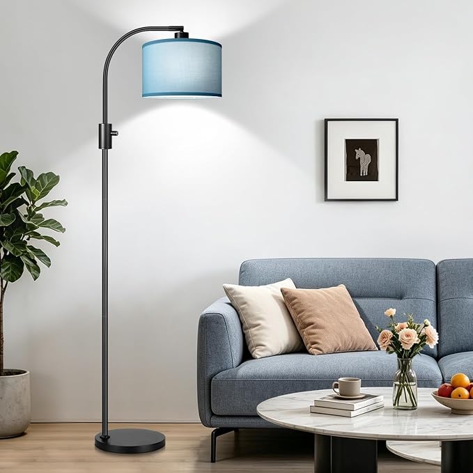 Nintiue Dimmable Black Floor Lamp, 1200 Lumens LED Edison Bulb Included, Arc Gold Floor Lamps for Living Room Modern Standing Lamp with Sky Blue Shade
