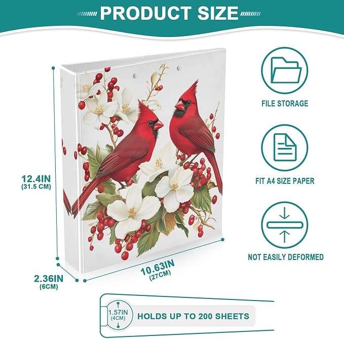 3 Ring Binder Red Cardinal Flowers Berries 1.5" Round Ring Binders View Binder with 200 Sheet for Kids School Supplies Women Men Office, 1 Pack