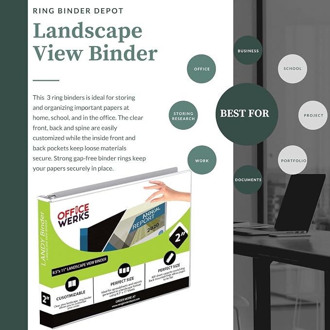 4 Pack of 8.5" X 11" Landscape View 3-Ring Binder 2 Inch Capacity Round Ring, White Horizontal Formatted with Clear Cover Pockets for Documents, Spreadsheets, Projects and More