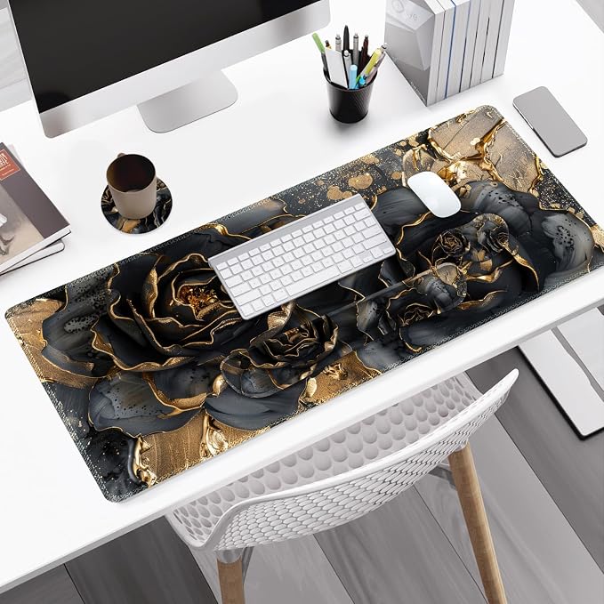 Desk Mat Pad, Gaming Mouse Pad Wrist Support Set, 4 in1 Non-Slip XXL Large Mousepad + Ergonomic Keyboard Wrist Rest+Mouse Wrist Rest+Coaster for Home Office PC Computer I Black Gold Floral