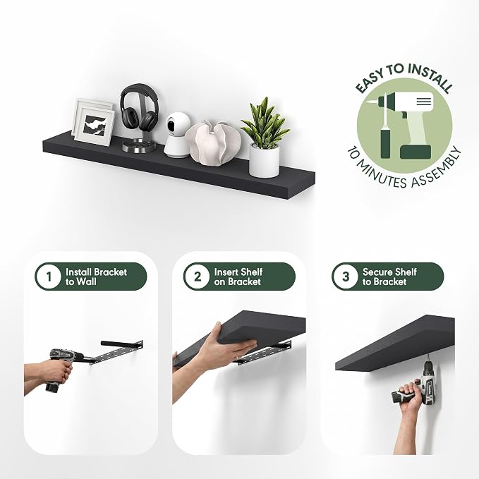 Furinno Tanna Floating Shelves for Wall Set of 2, 9 x 47 Wall Shelf, Wall Mounted Floating Shelf with Invisible Bracket, 2-Inch Thick, for Bathroom, Living Room, Bedroom, Home Office, Americano