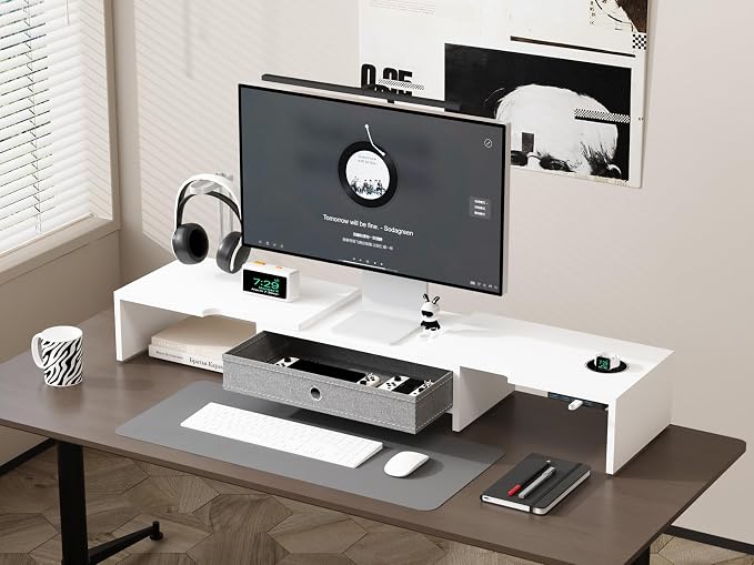 LAPTAIN Monitor Stand with Drawer, Dual Monitor Stand Riser with Adjustable Length and Angle, Computer Stand, Desk Organizer for PC Monitor/Laptop/MacBook