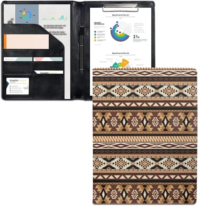 Dreaweet Brown Aztec Leather Portfolio Western Tribal Geometric A4 Document Folder Work Pad Padfolio,Letter Size Notepad Clipboard,Resume Folio Binder