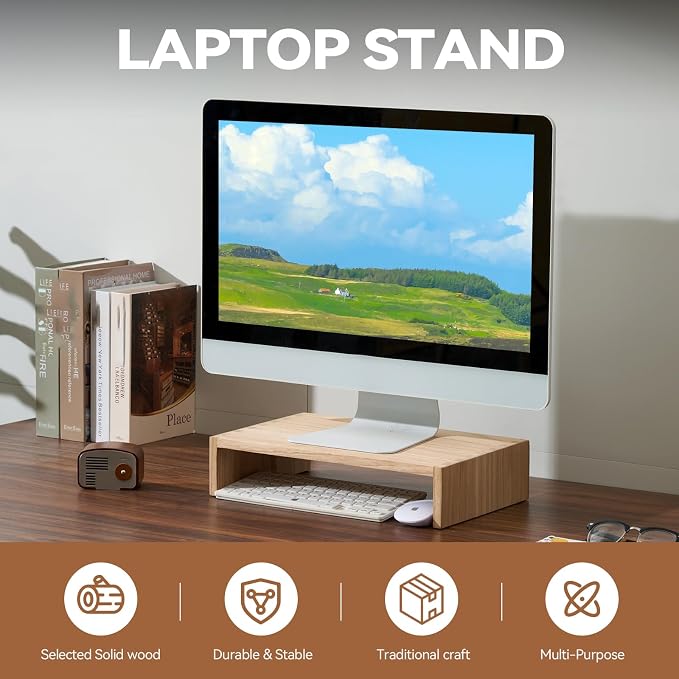 KIRIGEN Wood Monitor Stand Riser for Desk, 15.39 Inch, Natural 39-NA