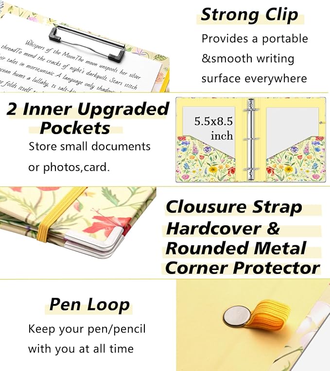 Mini Binder Organizer，1 Inch 3 Ring Binder with Clipboard, 5-Tabs Pockets Dividers, Plastic Folder, 18 Divider Stikers, Pen Loop (Garden Party, 5.5" x 8.5")