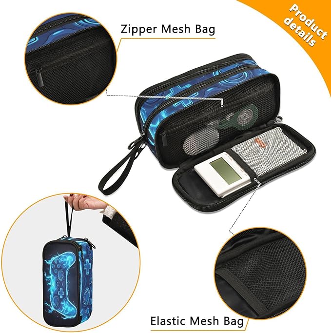 BOENLE Custom Joystick Gamepad Blue Flame Pencil Case Box Boys Girls Personalized Name Large Pencil Pouch Stationery Pen Bag Organizer for Kids Adults School Office
