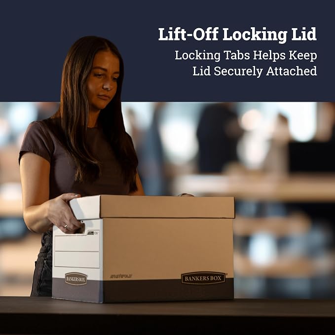 Bankers Box 12 Pack R-Kive DIVIDERBOX Heavy-Duty File Storage Boxes with Dividers, FastFold, Lift-Off Lid, Letter, White/Blue