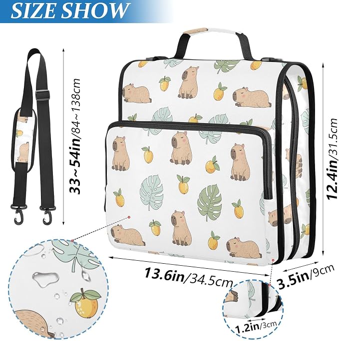 Capybara Cute Print Zipper Binder Bag 3 Ring with Shoulder Strap & Handle Multi Pocket Binder Organizer Bag Large Capacity for School Office Supplies