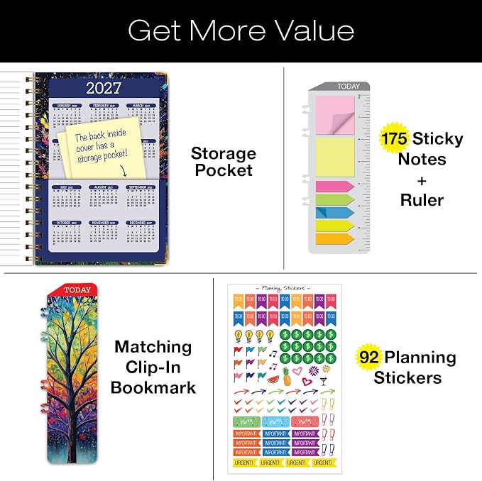 HARDCOVER Academic Year 2026-2027 Planner: 14 Months (May 2026 Through June 2027) 5.5"x 8" Daily Weekly Monthly Planner Yearly Agenda. Bookmark, Pocket Folder and Sticky Note Set (Black Tree Seasons)