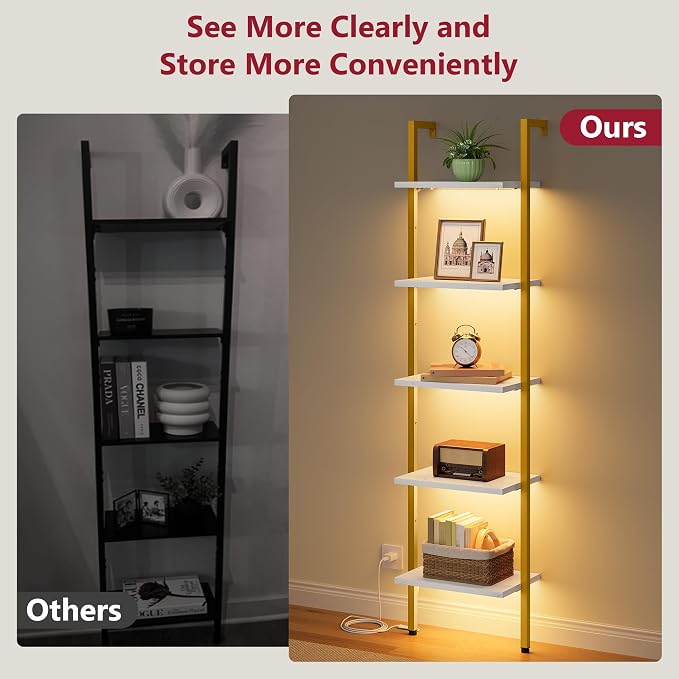 5 Tier Ladder Shelf with Light, Wall Ladder Book Shelf Gold & White | Wooden Ladder Shelf with Metal Frame, Leaning Ladder Shelf Narrow Ladder Bookshelf for Living Room, Bedroom, Office