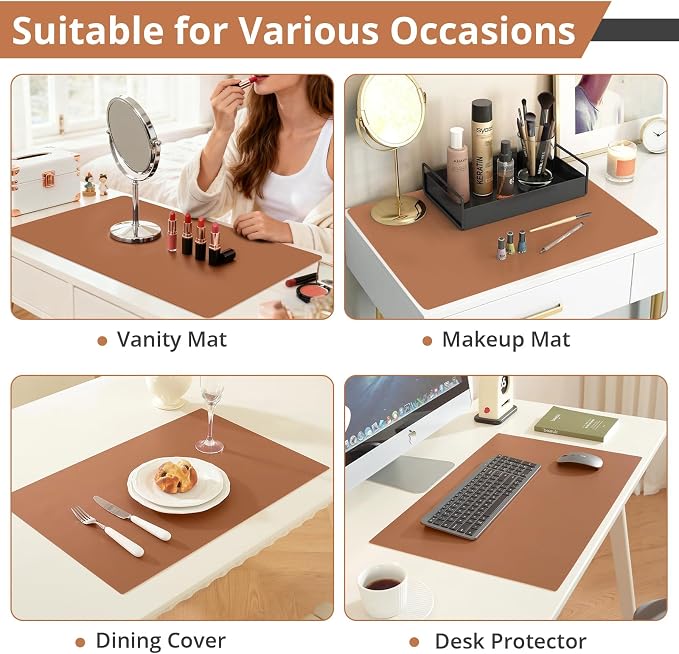LovePads Makeup Mat for Vanity, 17" x 28" PVC Desk Mat & Dresser Cover Top | Waterproof Desk Protector, Vanity and Desk Accessories; Wipes Clean, Ideal for Writing, Nail Art, Craft Table, Brown+Beige