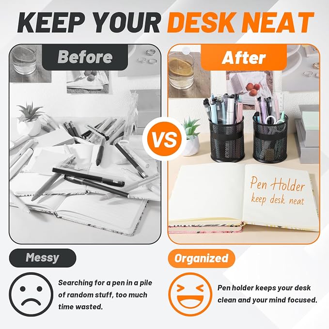 Segarty 6 Pack Black Steel Mesh Pen Cups Desk Pen Pencil Holder, Round Pen Container Pencil Cups Desk Organizers for Home Office