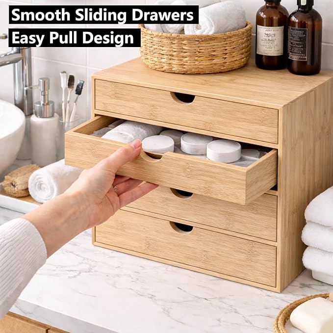 Neando Bamboo Desk Organizer with Drawers, 4-Tier Wooden Desk Organizer, Small Desktop Storage for Office Supplies, Makeup, Accessories, Space-Saving Organizer for Desk, Vanity & Home