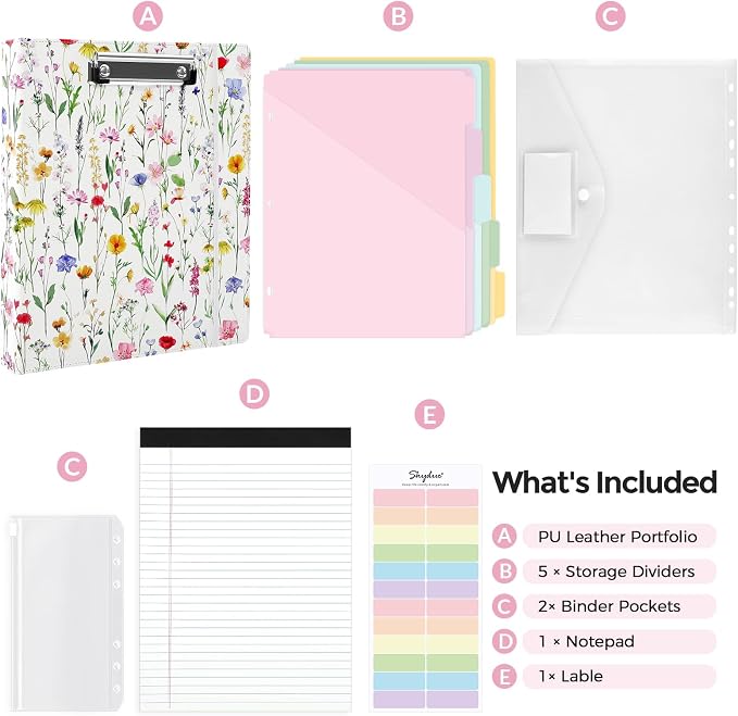 SKYDUE 1 Inch 3-Ring Binder with Clipboard, PU Binder with 5 Dividers, Notepad, Stickers & Pockets for Work and School - Aesthetic Binder (Letter Size)