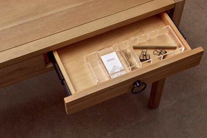 russell+hazel Acrylic Desk Organizer Tray with 3 Dividers, Clear | Sorts clips, push pins & makeup with three movable dividers. Clear polished-edge acrylic suits a countertop or desk drawer.
