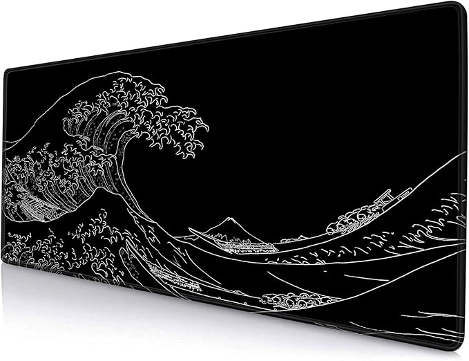 Armanza Large Mouse Pad Gaming, Extended Mousepad with Stitched Edges, Non-Slip Rubber Base Keyboard Desk Mat Mouse Pads for Work, Game, Office, Home, 31.5 x 11.8 in, Black Wave of Kanagawa