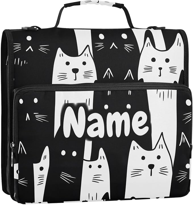 Custom White Black Cats 3 Ring Binder Bag 1.5 inch Personalized Name Binder Organizer 500 Sheet Documents Storage for School Office