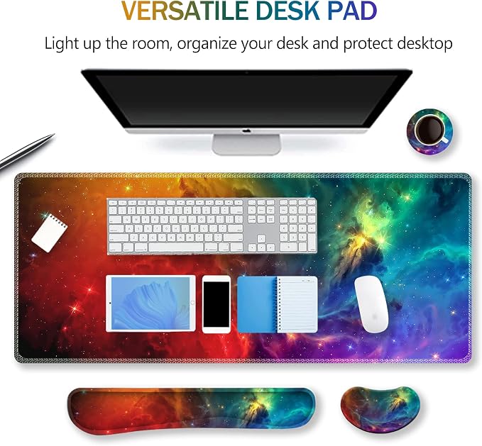 Extended Gaming Mouse Pad Set, Keyboard Wrist Rest Support Pad + Wrist Cushion + XXL Large Mouse Pad + Coaster, Stitched Edge, Non-Slip, Memory Foam Desk Mat, Color Nebula Galaxy