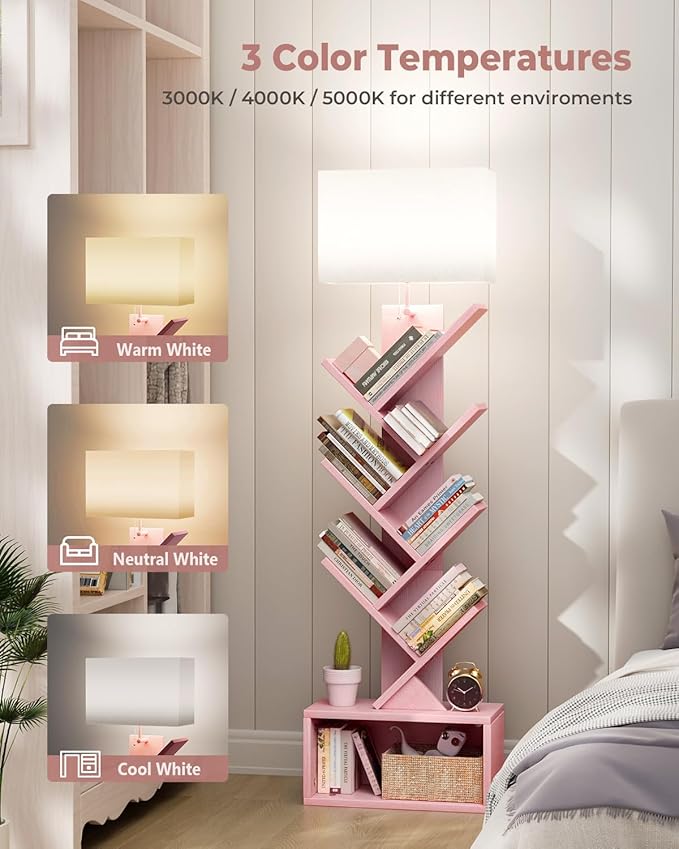 Evermagin 6 Tier Tree Bookshelf with Light, Bookcase, Pink | Narrow Tower Design, Storage Cabinet for Book Organization, Tall Floor Standing Use, Living Room, Bedroom and Home Office