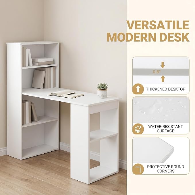 Tangkula White Computer Desk with Bookshelf, Writing Study Desk with Storage Shelves & CPU Stand, Modern Compact Computer Workstation for Home & Office, Space-Saving Design | Modern Compact Workstation w/Bookshelf Storage & CPU Stand, Space-Saving Desi...