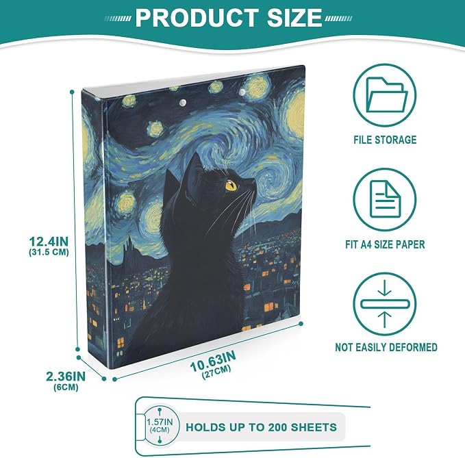 Starry Night Art Black Cat Binder 3 Ring 1.5 Inch Binder with Clipboard&Pockets, Hardcover Binders Heavy Duty Large File Folder for Office School Supplies - Holds 200 Sheets