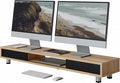 Fenge Dual Monitor Stand with Storage, Desk Shelf with Glass Sliding Door | Ergonomic Height Adjustment, 42.5in Monitor Shelf, 2-Tier Monitor Riser, Desk Organizer for Screen, PC, Laptop, Dark Oak
