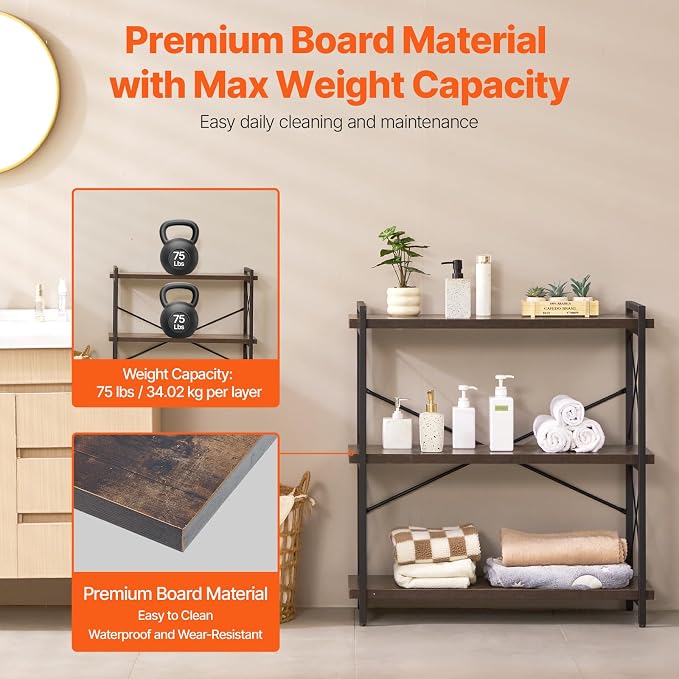 VEVOR Metal Bookshelf, 3-Tier Industrial Bookshelf, Small Rustic Storage Display Bookcase with Open Shelves, Freestanding Display Vintage Shelving Unit Storage Rack, for Living Room, Bedroom & Office