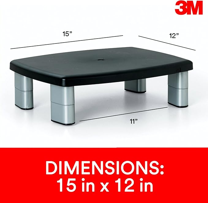3M Adjustable Monitor Stand, Three Leg Segments, Simply Adjust Height from 1" to 5 7/8", Holds Up to 80 lbs, 11" Space Between Columns, Silver/Black (MS80B)