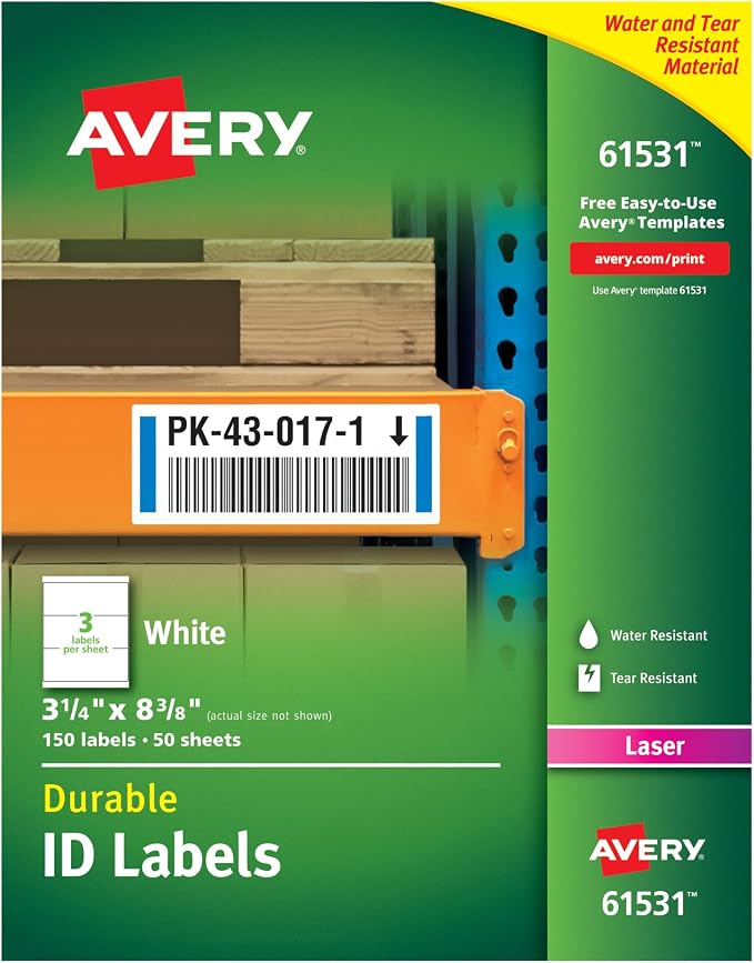 Avery® Durable White Cover Up ID Labels for Laser Printers, 3.25 x 8.375, Pack of 150 (61531)