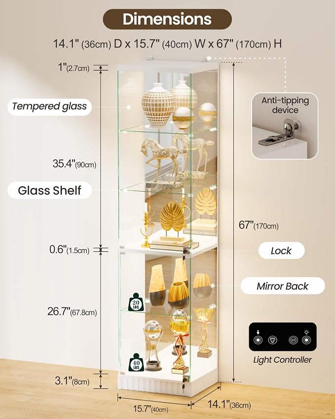 67''H Lockable Display Cabinet with Glass Doors & RGB Lights,Gaming Room | 5-Tier Glass Curio Display Cabinets with Motion Sensor Lights, China Cabinet with Removable Shelves,Lighted Showcase,Black