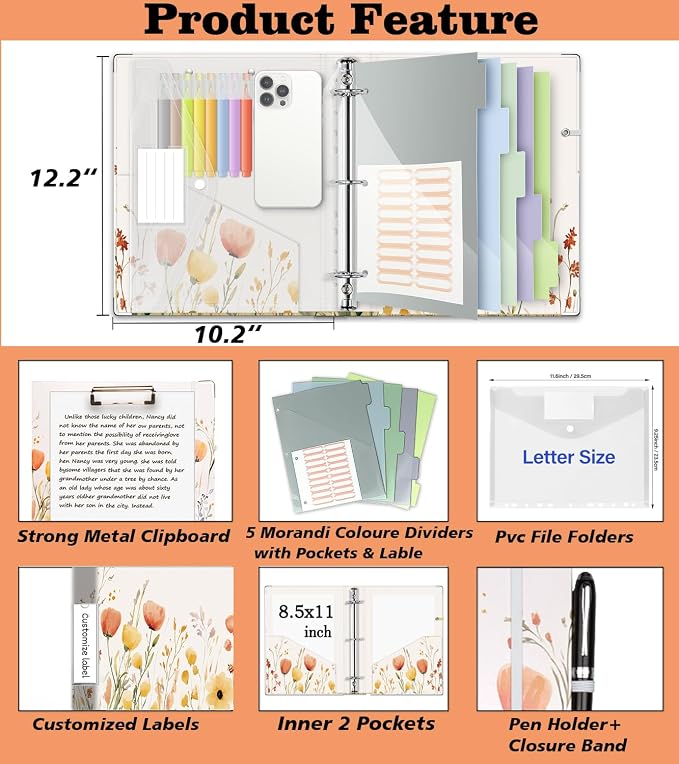 3 Ring 1 Inch Binder Organizer, KLLVE Three Ring Binders with Clipboard, 5-Tabs Pockets Dividers, Plastic Folder, 18 Divider Stikers,Pen Loop (Weeds, Letter Size)