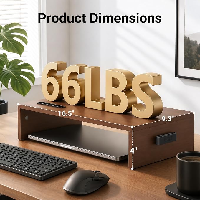 BONTEC Monitor Stand Riser with Cellphone Holder & Cable Management | 16.7 Inch Wood Monitor Riser Stand, Desktop Stand for PC/TV/Laptop/Printer, Walnut