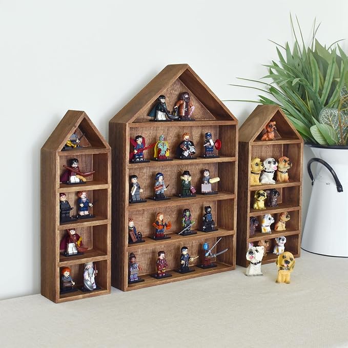 Ikee Design 3-Pc House-Shaped Wooden Shadow Box Shelf, Brown | Set of 3 wood shadow box shelves displays collectibles and accessories in grouped or separate wall arrangements.