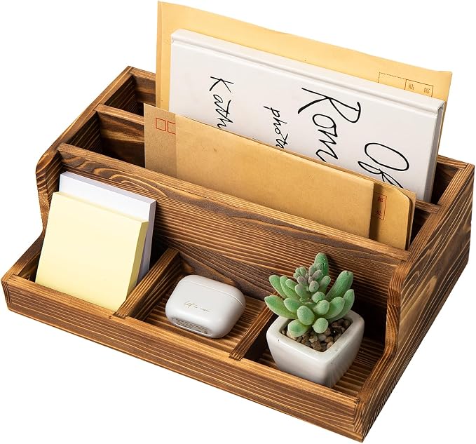 Rustic Brown Wood Mail Organizer Stationery Sorter Letter Holder Office Supply Storage Caddy 2 Slots 3 Trays Desktop Envelope Document Notepad Countertop Daily Accessories Table Home Entryway