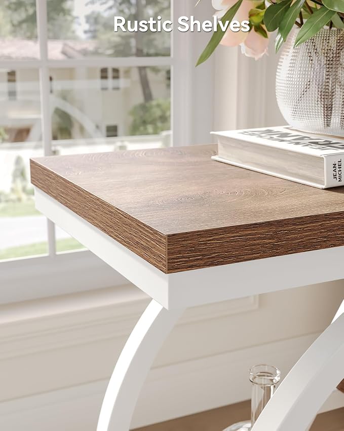 LITTLE TREE End Table, Narrow Side Table with 4-Tier Large Storage Space, Modern Bedside Table for Living Room, Home Office, Bedroom, Brown and White