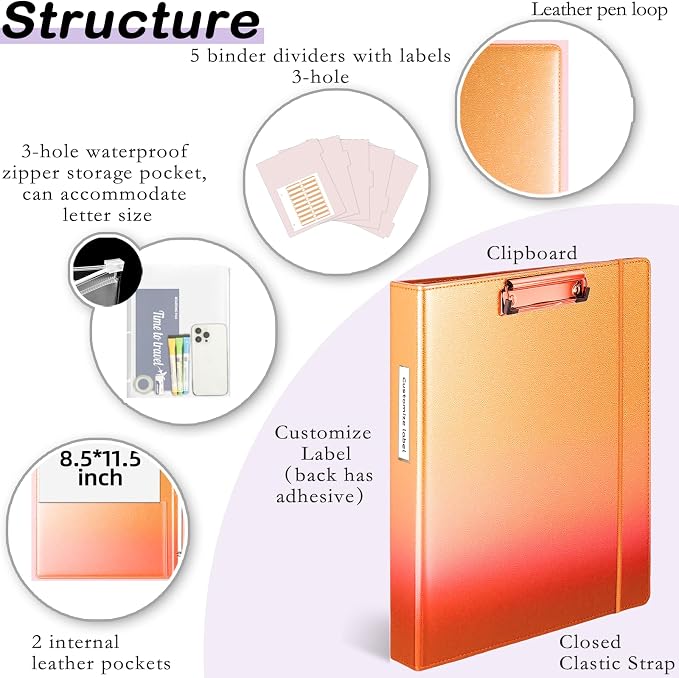 3-Ring Binder 1-inch with Clipboard, Holographic Rose Gold Glitter Design, Including 5 Divider Pages, File Bag and Spine Label - Perfect for Schools, Offices and Organizations