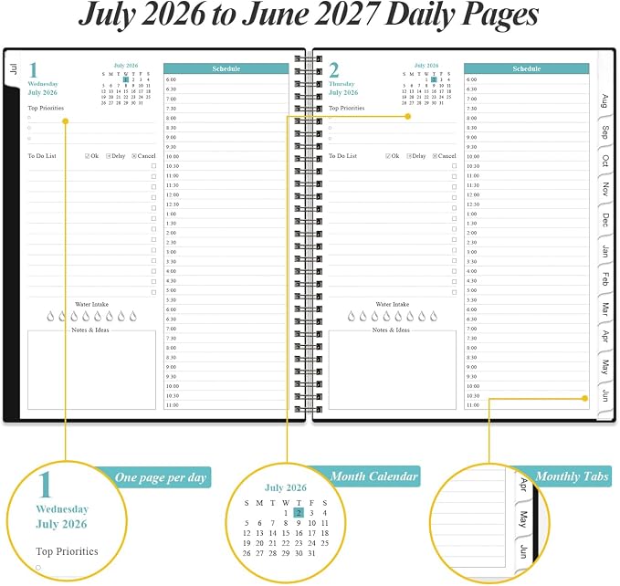 Daily Planner 2026-2027 Full Page Per Day- 2026-2027 Daily & Monthly Planner from July 2026 to June 2027, Day Planner 2026-27 with 12 Months Tabs, 8.5" x 11", Black