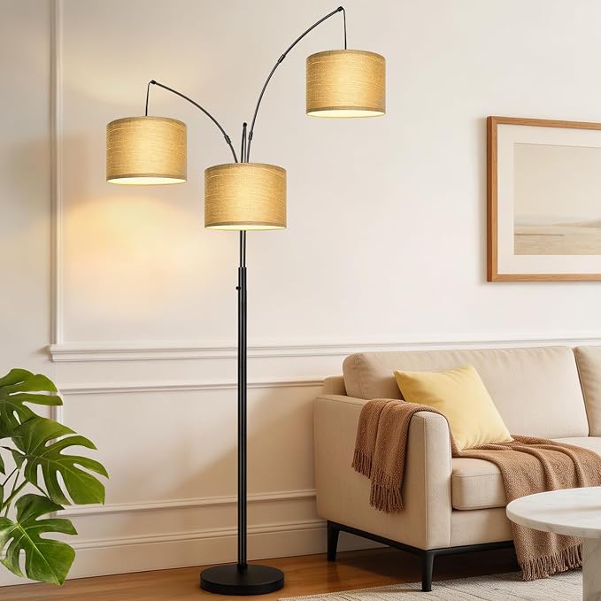 Nintiue Dimmable Floor Lamp - 3 Lights Gold Arc Floor Lamps for Living Room, 1000LM Modern Tall Standing Lamp with Black Shades&Heavy Base,3 LED Bulbs Included-Champagne