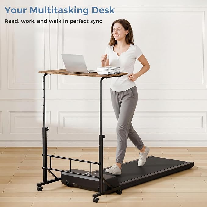DUMOS 31.5" Walking Pad Desk, Laptop Desk, Home Office | Lockable Wheels, Adjustable Height, Portable Rolling Design, Treadmill Use, Stand Up Style, Rustic Brown