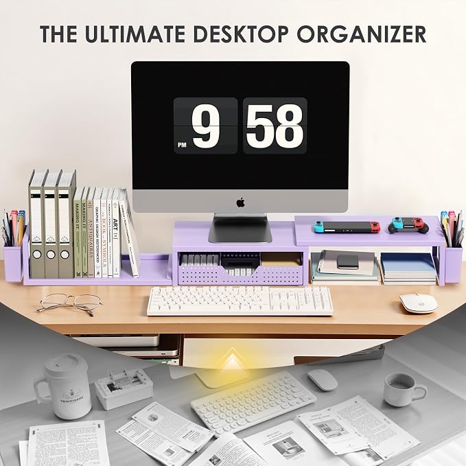 Desk Organizers and Accessories, Dual Monitor Stand Riser with Drawer and 2 Pen Holders, Desk Shelf Computer Racks for Office Workspace Organizers, Desktop Organization (Purple)