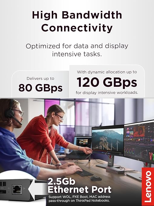 Lenovo ThinkPad Thunderbolt 5 Smart Dock 7500, 120Gbps Data Transfer, 180W Power Delivery, Multiple Display Support, 2.5Gbps Ethernet, Black