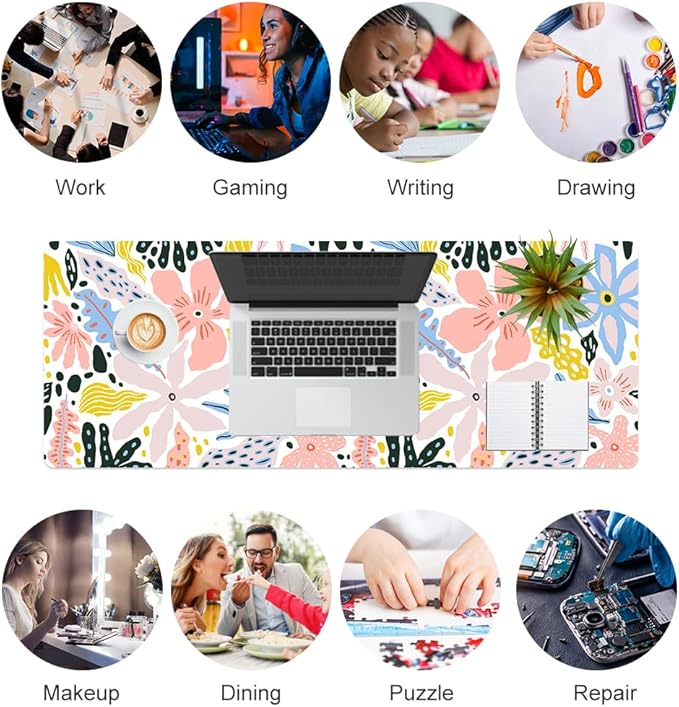QIYI Floral Large Mouse Pad, Cute Desk Mat for Desktop, Women Girls Desk Accessories Office Décor, PU Leather Waterproof Big Gaming Mousepad, Doodle Flowers Desk Pad Computer Mat, 31.5" x 11.8"
