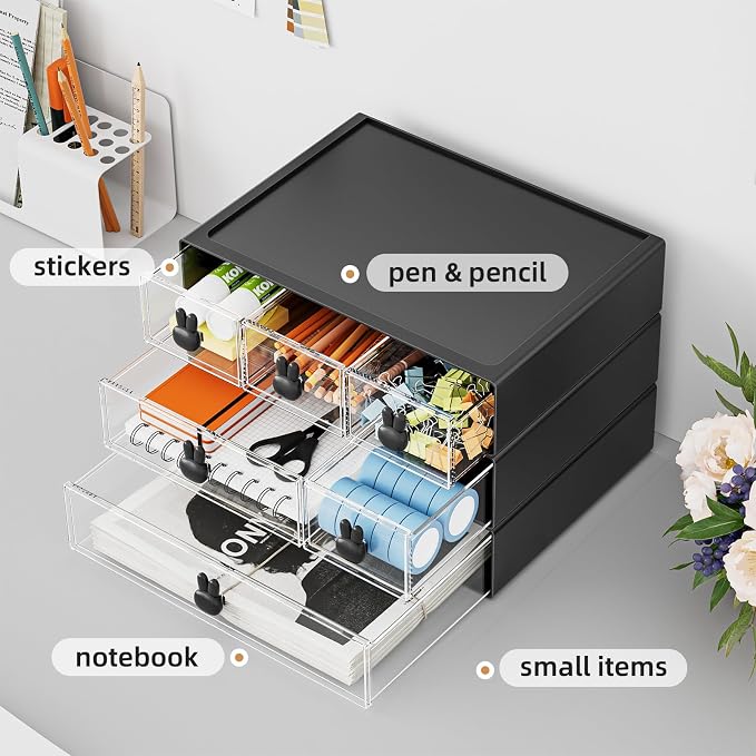 Marbrasse Desk Organizer with 6 Drawers, 3 Tier Stackable Storage Drawers Plastic Makeup Storage, Office Organizers and Storage, Desk Storage Box for Office, School, Home Black