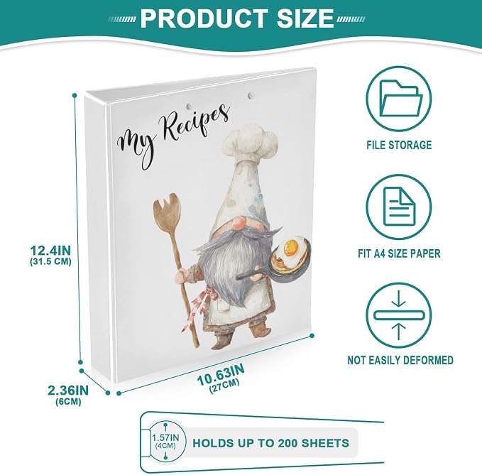 My Recipes Quoted Cute Gnome Recipe Binder 8.5x11 3 Ring Recipe Binders Cookbook Binder Cooking Theme Cook Book Binders with Clipboard&Pockets Large Recipes Organizer for Kitchen, Family