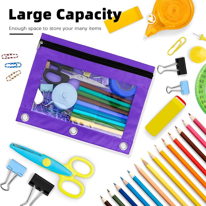 Pencil Pouch for 3 Ring Binder, 24 Pack Pencil Bags with Zipper, Large Capacity Pencil Case for Binder Assorted Color Pencil Case Pouch with Clear Window and Grommets Pencil Pocket for Office Supplies
