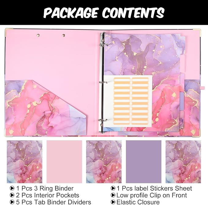 Harloon 3 Ring Binder with Clipboard, 12.4" x 10.4" Pink Binder Organizer with 5 Tab Dividers, 2 Pockets and Label Stickers for Back to School Gifts Classroom Office Teacher Students(Pink)
