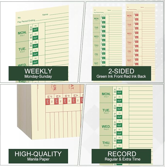 400 Pack Weekly Time Cards Double-Sided Named Days Manila Green/Red Print Cards for Employees Time Clocks for Office Factories Workshops Warehouses